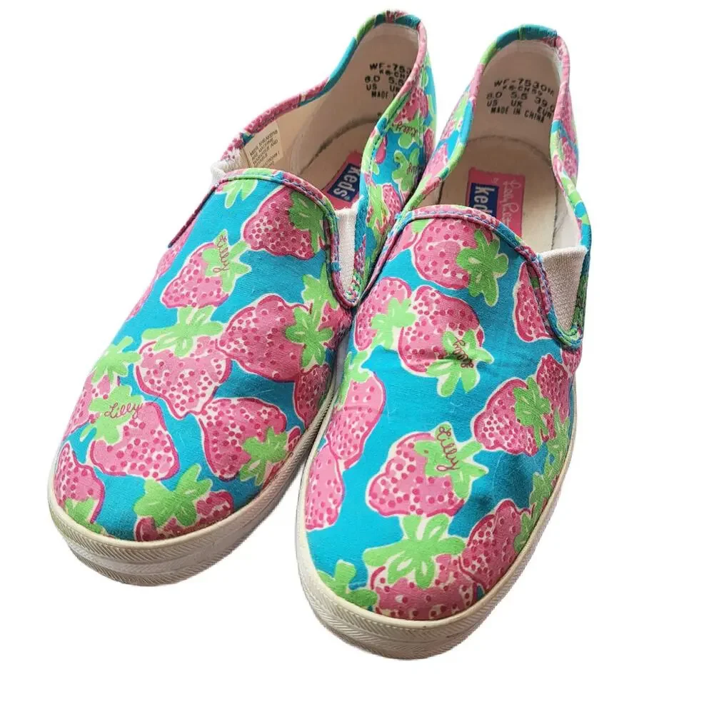 LILLY PULITZER x KEDS Strawberry Print Slip On Sneakers Size 8 Pink Blue